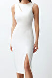 Moda Stil Fitted Bisiklet Yaka Midi Boy Bridal Pencere Cut Out Detaylı Dokuma Elbise