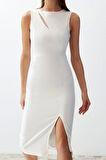 Moda Stil Fitted Bisiklet Yaka Midi Boy Bridal Pencere Cut Out Detaylı Dokuma Elbise