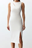 Moda Stil Fitted Bisiklet Yaka Midi Boy Bridal Pencere Cut Out Detaylı Dokuma Elbise
