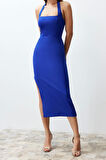 Moda Fit Mezuniyet Balo Finike Dokuma Kare Yaka Askılı Kol Bodycone Midi Boy Elbise