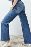 Stil Kadın Moda Denim Kot Pantolon Regular Geniş Paça Mavi Yırtıklı Yüksek Bel Jeans