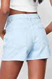 Moda Denim Yüksek Bel Boru Paça Gündelik Açık Mavi Yırtıklı Yüksek Bel Mini Şort Bermuda