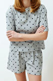 Tarz Rahat Kısa Kollu Boru Paça %100 Pamuklu Kalp Desenli T-shirt-Şort Örme Pijama Takımı