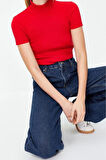 Moda Dik Yaka Örme Slim Düz Desen Casual Günlük Crop Kısa Kol Bluz