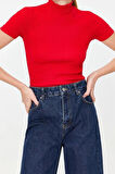 Moda Dik Yaka Örme Slim Düz Desen Casual Günlük Crop Kısa Kol Bluz