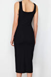 Moda Stil Slim Kare Yaka Midi Boy itted Vücuda Oturan Yırtmaçlı Esnek Örme Kalem Elbise