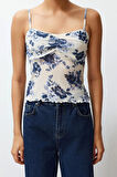 Moda V Yaka Örme Slim Baskılı Desen Casual Günlük Crop Askılı Kol Bluz