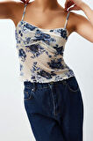 Moda V Yaka Örme Slim Baskılı Desen Casual Günlük Crop Askılı Kol Bluz