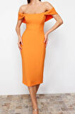 Moda Fit Mezuniyet Balo Finike Dokuma Carmen Yaka Kısa Kol Bodycone Midi Boy Elbise