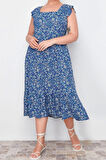 Moda Fit Casual Günlük Shally Dokuma Kare Yaka Askısız Kol A-Line Midi Boy Büyük Beden Elbise