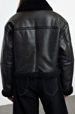 Tasarım Düz Astarsız Yaka Standart Oversize Gömlek Kadın Peluş Detaylı Biker Ceket Mont