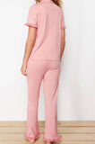 Tarz Rahat Kısa Kollu Boru Paça %100 Pamuklu Fırfır Detaylı Örme Pijama Takımı