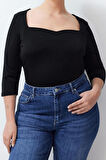 Moda Büyük Beden Kalp Yaka Örme Fit Düz Desen Casual Günlük Regular Uzun Kol Bluz