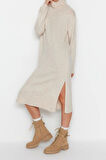 Moda Oversize Casual Günlük Dolu İğne Triko Balıkçı Yaka Uzun Kol Shift Midi Boy Elbise