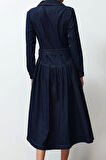 Moda Stil Oversize Gömlek Yaka Maxi Boy Kemerli Denim Elbise