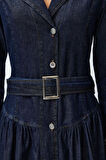 Moda Stil Oversize Gömlek Yaka Maxi Boy Kemerli Denim Elbise