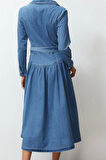 Moda Stil Oversize Gömlek Yaka Maxi Boy Kemerli Denim Elbise