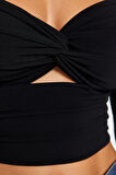 Moda Kalp Yaka Örme Fit Düz Desen Şık gece Crop Uzun Kol Bluz