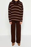 Moda Çizgili Dik Yaka Düşük Kol Casual Günlük Geniş Kalıp Fermuarlı Triko Alt-Üst Takım