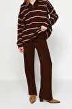Moda Çizgili Dik Yaka Düşük Kol Casual Günlük Geniş Kalıp Fermuarlı Triko Alt-Üst Takım