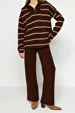 Moda Çizgili Dik Yaka Düşük Kol Casual Günlük Geniş Kalıp Fermuarlı Triko Alt-Üst Takım