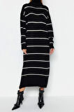 Moda Oversize Casual Günlük Çift Plaka Triko Balıkçı Yaka Uzun Kol Shift Maxi Boy Elbise