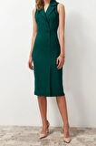 Moda Regular Business Finike Dokuma Kruvaze Kolsuz Kol Bodycone Midi Boy Elbise