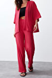 Tarz Kadın Modern Normal Bel Geniş Paça V Yaka Rahat Kesim Örme Kimona Pantolon Alt-Üst Takım