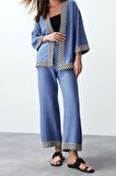 Moda Nakışlı İşlemeli Ceket Yaka Casual Günlük Indigo İşlemeli Kimono Pantolon Dokuma Alt-Üst Takım