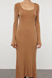 Moda Stil Slim Kare Yaka Midi Boy Triko Basic Kol Ucu Detaylı Elbise