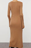 Moda Stil Slim Kare Yaka Midi Boy Triko Basic Kol Ucu Detaylı Elbise