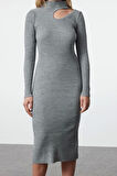Moda Stil Slim Dik Yaka Midi Boy Triko Cut Out Pencere Detaylı Elbise