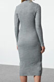 Moda Stil Slim Dik Yaka Midi Boy Triko Cut Out Pencere Detaylı Elbise