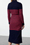 Moda Stil Slim Dik Yaka Maxi Boy Triko Çizgili Elbise