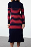 Moda Stil Slim Dik Yaka Maxi Boy Triko Çizgili Elbise