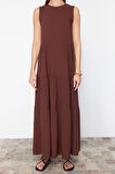 Moda Regular Casual Günlük Shally Dokuma Bisiklet Yaka Kolsuz Kol Shift Maxi Boy Elbise