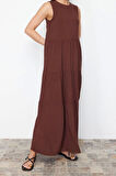 Moda Regular Casual Günlük Shally Dokuma Bisiklet Yaka Kolsuz Kol Shift Maxi Boy Elbise
