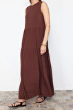Moda Regular Casual Günlük Shally Dokuma Bisiklet Yaka Kolsuz Kol Shift Maxi Boy Elbise