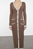 Moda Stil Regular V Yaka Maxi Boy Triko Renk Bloklu Elbise