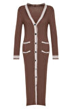 Moda Stil Regular V Yaka Maxi Boy Triko Renk Bloklu Elbise