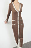 Moda Stil Regular V Yaka Maxi Boy Triko Renk Bloklu Elbise