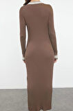 Moda Stil Regular V Yaka Maxi Boy Triko Renk Bloklu Elbise