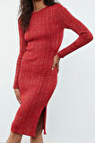 Moda Stil Slim Bisiklet Yaka Midi Boy Simli Triko Elbise