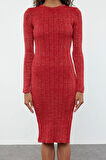 Moda Stil Slim Bisiklet Yaka Midi Boy Simli Triko Elbise