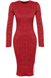 Moda Stil Slim Bisiklet Yaka Midi Boy Simli Triko Elbise