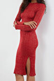 Moda Stil Slim Bisiklet Yaka Midi Boy Simli Triko Elbise