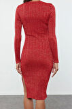 Moda Stil Slim Bisiklet Yaka Midi Boy Simli Triko Elbise