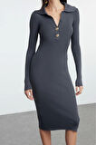 Moda Stil Slim Polo Yaka Midi Boy Triko Elbise