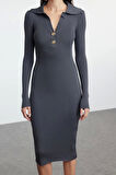 Moda Stil Slim Polo Yaka Midi Boy Triko Elbise