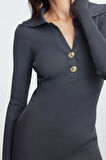 Moda Stil Slim Polo Yaka Midi Boy Triko Elbise
